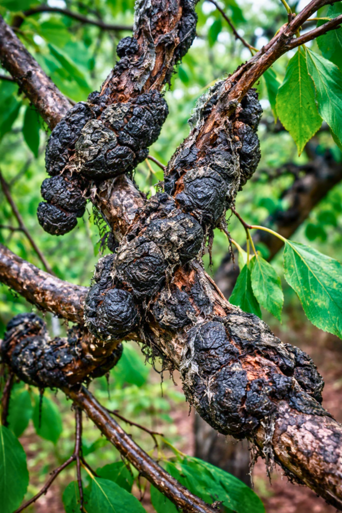 Black Knot Disease (Charcoal-Black Tumors on Branches)
