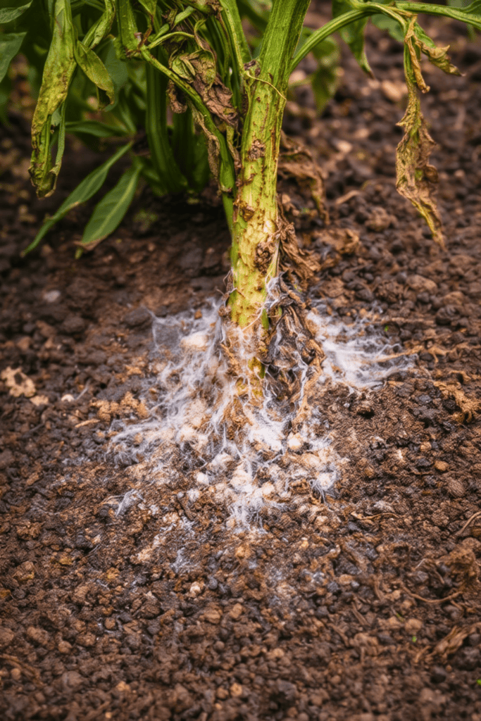 Southern Blight (White Fungal Webs & Collapsing Plants)