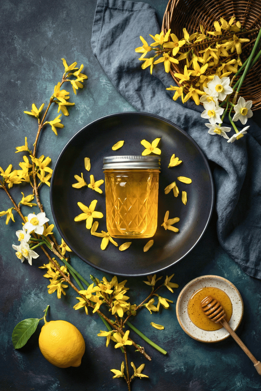 A breathtaking, world-class high-overhead (90-degree flat lay) professional food styling photograph. The hero object, positioned precisely in the center, is a tightly sealed Ball Half Pint Quilted Crystal decorative canning jar, crowned with a matte antique-silver lid. The jar's glass features an intricate diamond-quilted pattern but is absolutely devoid of any text, logos, or embossed lettering. Inside, the finalized Forsythia water raw honey syrup is a rich, luminous pure golden-yellow&mdash;completely free of reddish, amber, pale, or watery tones. The jar rests inside a rustic, shallow, matte charcoal-black ceramic bowl. Inside this dark bowl, scattered casually around the base of the quilted jar, are several loose, vibrant yellow Forsythia petals and a few fully open blossoms. The bowl is nestled on a bespoke, high-end, hand-painted photography canvas backdrop featuring a sophisticated, mottled blend of dark charcoal and deep, moody teal tones, providing an incredibly elegant and artistic texture. The canvas is partially draped by a rumpled, dark grey-blue heavy linen cloth extending from the top right. A stunning, full Forsythia branch with woody stems and clustered, vibrant yellow star-shaped blossoms curves dynamically around the left side and bottom of the dark bowl, framing the jar. Delicate white Narcissus flowers with yellow centers are tucked organically among the yellow blossoms. To the bottom left, a bright whole lemon with a vibrant green leaf rests directly on the stylish mottled canvas. To the bottom right, a small, perfectly round, speckled ceramic saucer holds a pool of thick golden honey with a vintage wooden honey dipper resting inside. In the top right corner, the curved edge of a dark woven wicker gathering basket is visible, and it is no longer empty; it is abundantly overflowing with freshly cut Forsythia branches and a few white Narcissus stems, spilling slightly over the edge onto the linen. The subtractive lighting is dramatic and directional from the upper left, hitting the quilted glass to make the golden syrup and yellow flowers glow radiantly against the sophisticated dark canvas and black bowl, while plunging the outer edges of the frame into deep, velvety chiaroscuro shadows. No humans are in the frame. Professional editorial food photography, 8k resolution. Detailed Negative Prompt Negative prompt: Plain smooth glass jar, open jar, text, labels, logos, watermarks, pale liquid, watery syrup, reddish syrup, amber, pink, brown tones, human hands, arms, fingers, bright daylight, flat even lighting, white background, empty basket, modern plastic utensils, modern kitchen elements, rustic wood, wood grain.