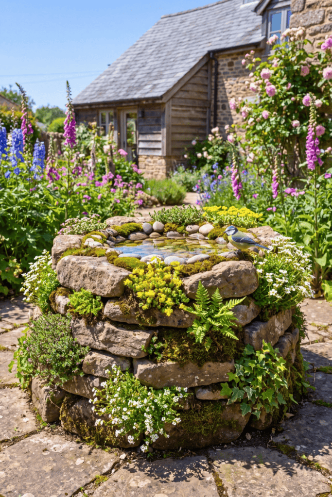 Dry Stacked Stone Well Bird Bath