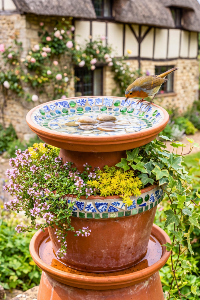 Mosaic Trimmed Terracotta Planter And Bird Bath Combo