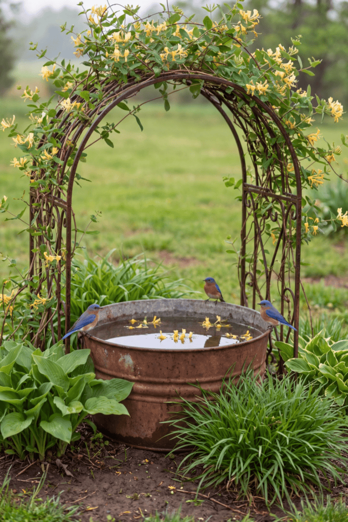 Rustic Metal Tub Under A Flowering Trellis Arch