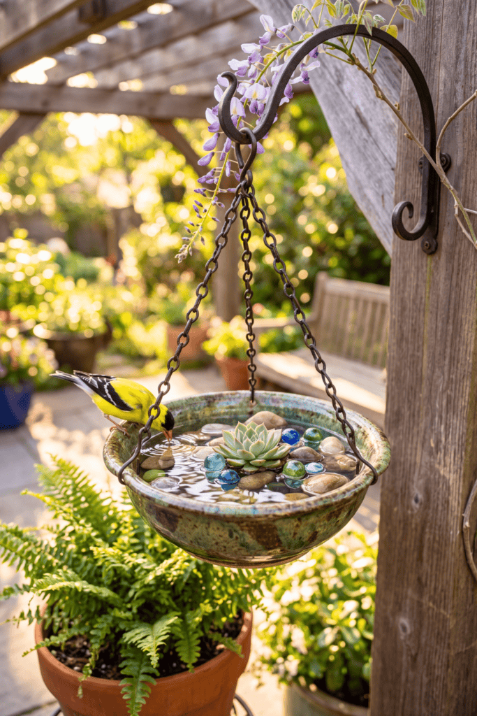 Suspended Glazed Ceramic Bowl On Rustic Chains