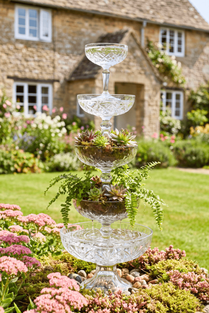 Upcycled Vintage Glassware Tiered Bird Bath